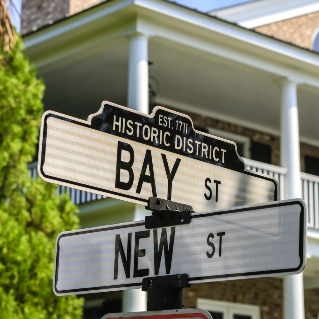 Historic Bay Street and New Street sign in Beaufort, SC, USA